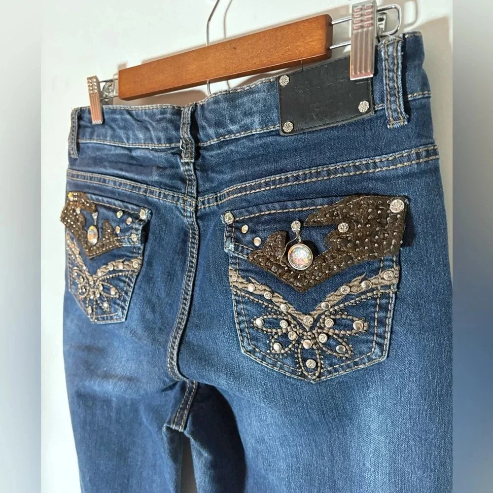 Live Hard Play Hard Jeans Rhinestones Pocket Brown Lace Bootcut Cowgirl Y2K 0246